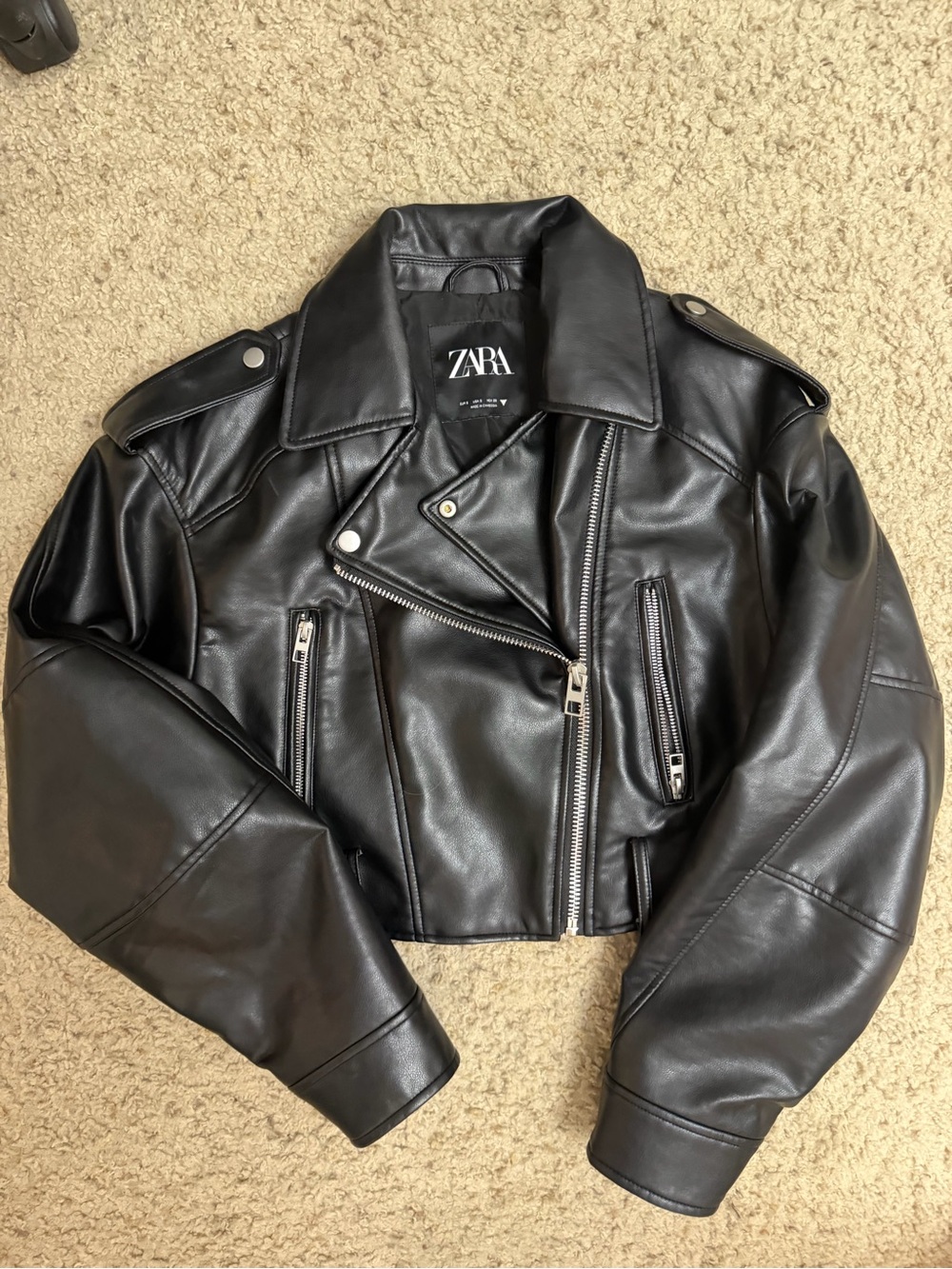Zara Black Faux Leather Cropped Biker Jacket